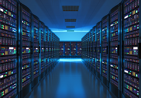 Server room interior in datacenter Modern web network and internet telecommunication technology, big data storage and cloud computing computer service business concept: server room interior in datacenter in blue light